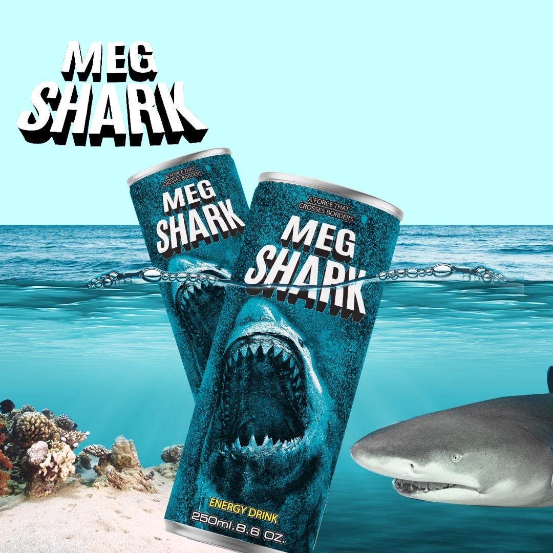 Meg Shark energy drink in an ocean scene