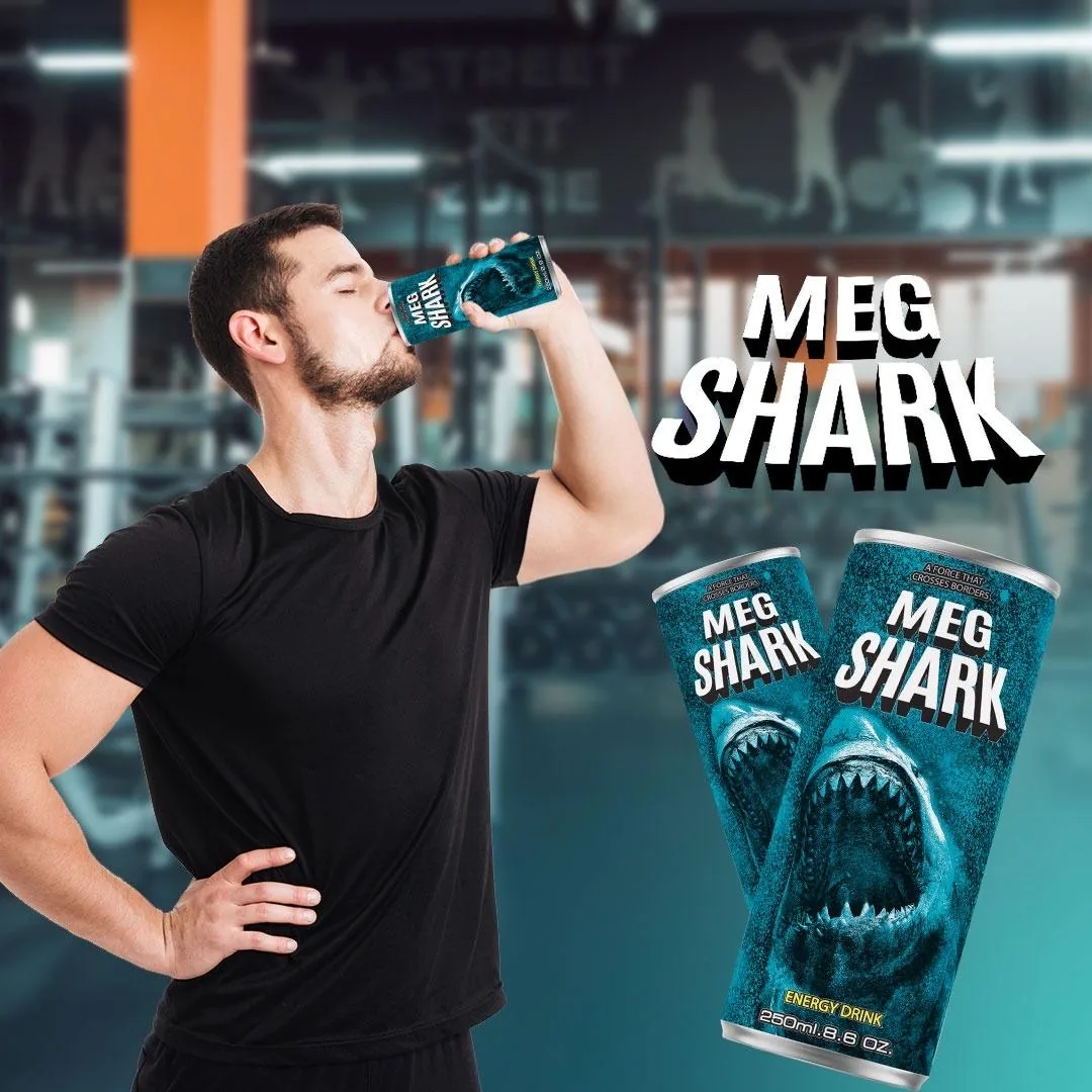 Adult drinking Meg Shark energy drink