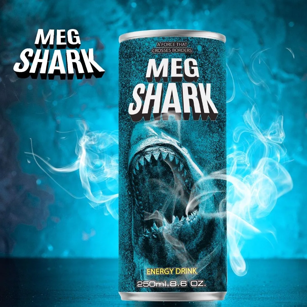 Meg Shark energy drink with blue mist